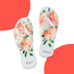 Peach Watercolor Floral with Your Name Thongs