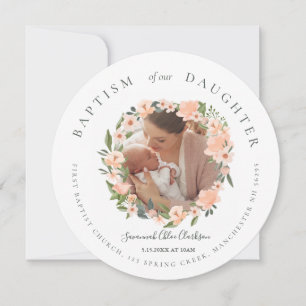 Peach Watercolor Floral Wreath Photo Baby Baptism Announcement