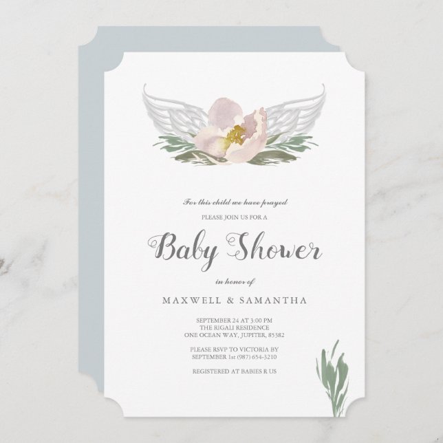Peach Watercolor Florals Angel Wings Baby Shower Invitation (Front/Back)