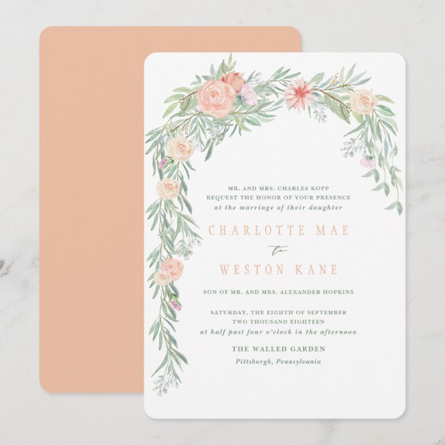Peach Watercolor Flower Wedding Invitation (Front/Back)