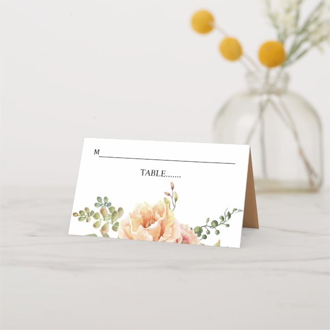 Peach watercolor flowers and leaves wedding place card (Front)