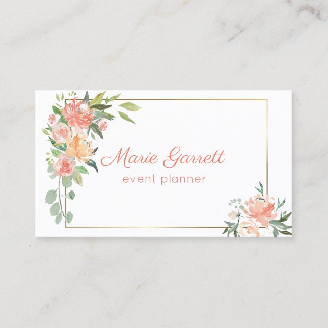 Peach Watercolor Flowers Business Card (Front)