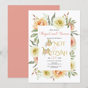 Peach watercolor flowers floral B' Not Mitzvah Invitation