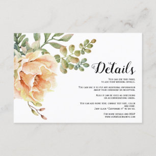 Peach watercolor flowers floral wedding details enclosure card