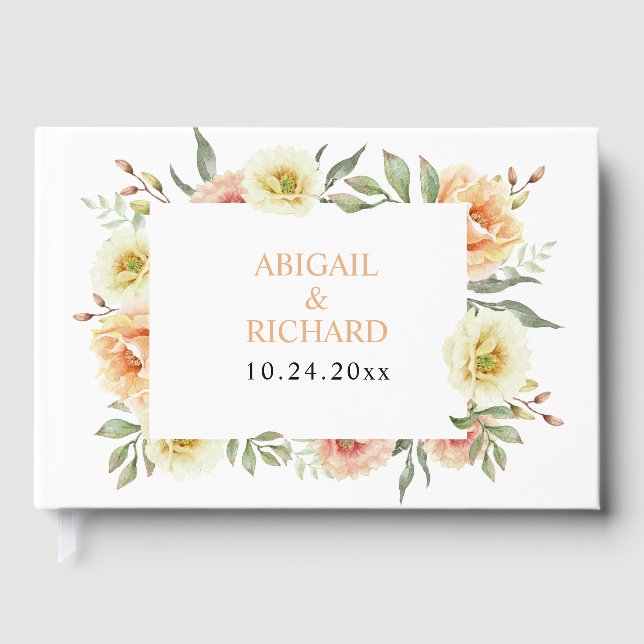 Peach watercolor flowers floral wedding guest book (Front)