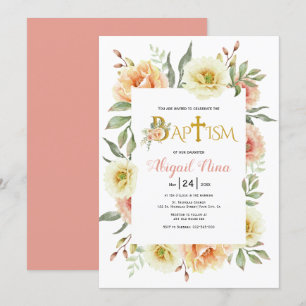 Peach watercolor flowers girl floral baptism invitation