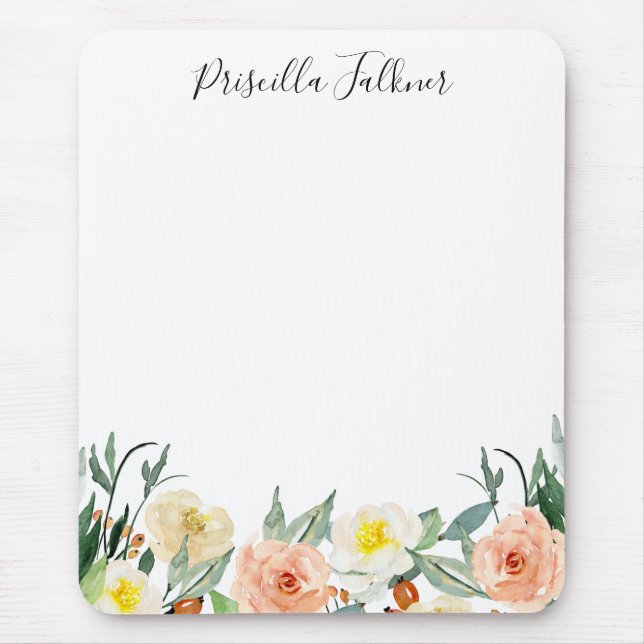 Peach Watercolor Flowers Girly Monogrammed Mouse Pad (Front)