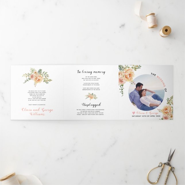  Peach watercolor flowers, green leaves, photo   Tri-Fold Programme (Outside)