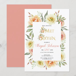 Peach watercolor flowers sweet sixteen birthday invitation