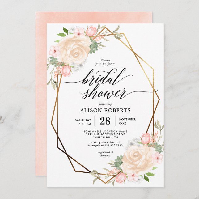 Peach watercolor geometric frame bridal shower invitation (Front/Back)