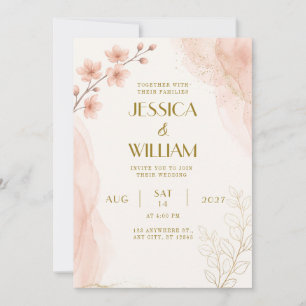 Peach Watercolor Glitter Sakura Wedding Invitation