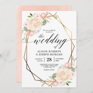 Peach watercolor gold geometric frame wedding invitation