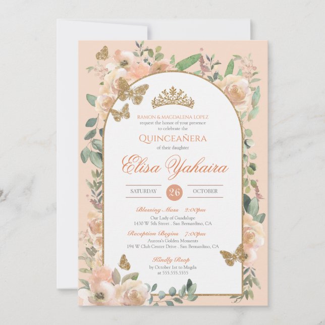 Peach Watercolor Golden Butterfly Quinceanera Invitation (Front)