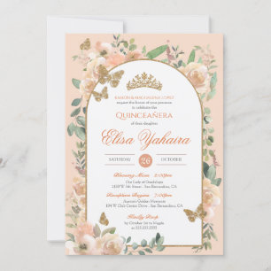 Peach Watercolor Golden Butterfly Quinceanera Invitation