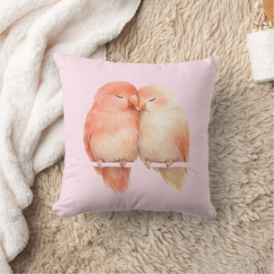  Peach Watercolor Love Birds Throw Pillow
