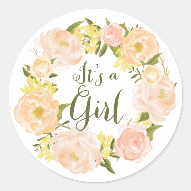 Peach Watercolor Peonies Wreath Baby Shower Classic Round Sticker (Front)