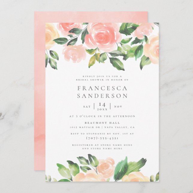 Peach Watercolor Roses | Elegant Bridal Shower Invitation (Front/Back)