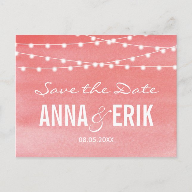 Peach Watercolor String Lights Save The Date Announcement Postcard (Front)