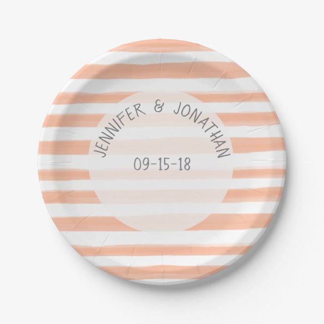 Peach Watercolor Stripes Southwest Wedding Paper Plate (Front)