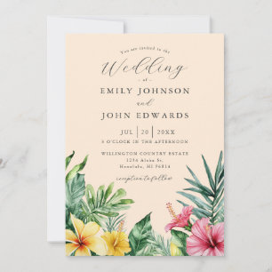 Peach Watercolor Tropical Flowers QR Code Wedding Invitation