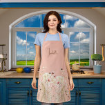 Peach watercolor wildflowers pink boho apron<br><div class="desc">A boho style apron. A peach coloured background. Decorated with watercolored pink wildflowers and bees. Personalise and add your name.</div>