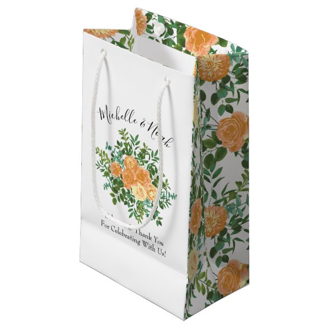 Peach Wedding Classic Floral Roses Small Gift Bag (Front Angled)