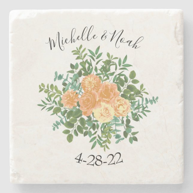 Peach Wedding Classic Floral Roses Stone Coaster (Front)