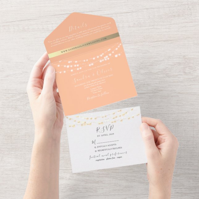 Peach Wedding Invitation with String Lights (Tearaway)