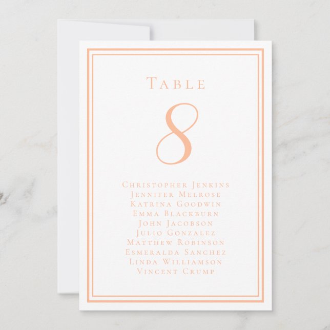 Peach Wedding Seating Guest List Table Number Card (Front)