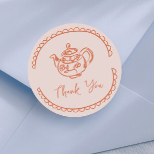 Peach Whimsical Tea Pot Doodle Thank You Favour Classic Round Sticker