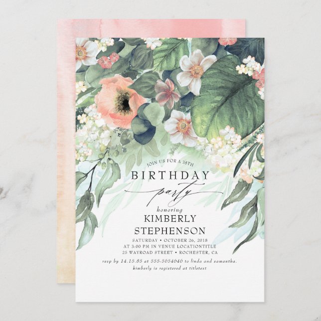 Peach White and Pink Floral Bohemian Birthday Invitation (Front/Back)