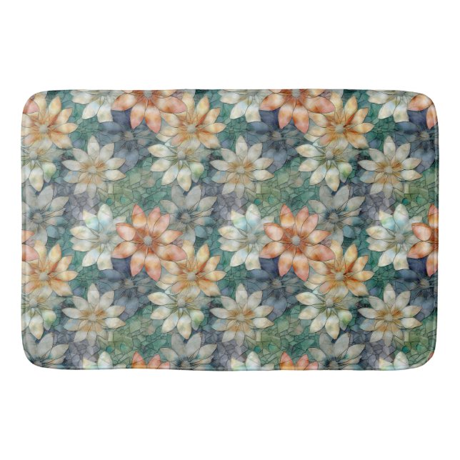 Peach White Blue Green Floral Bath Mat (Front)