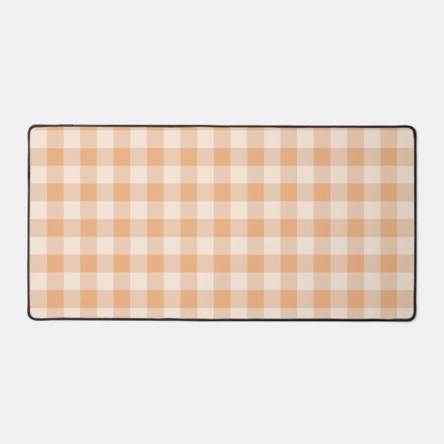 Peach White Chequered Gingham Pattern Desk Mat (Front)