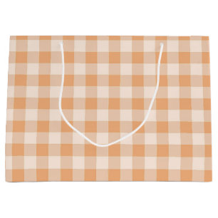 Peach White Chequered Gingham Pattern Large Gift Bag