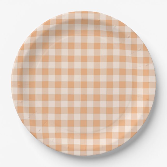 Peach White Chequered Gingham Pattern Paper Plate (Front)