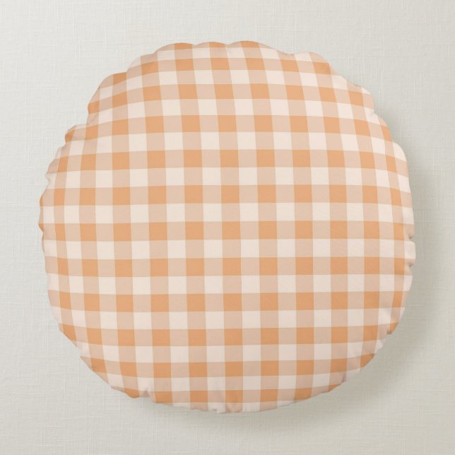 Peach White Chequered Gingham Pattern Round Cushion (Front)
