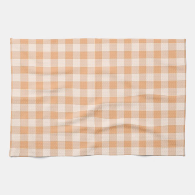 Peach White Chequered Gingham Pattern Tea Towel (Horizontal)