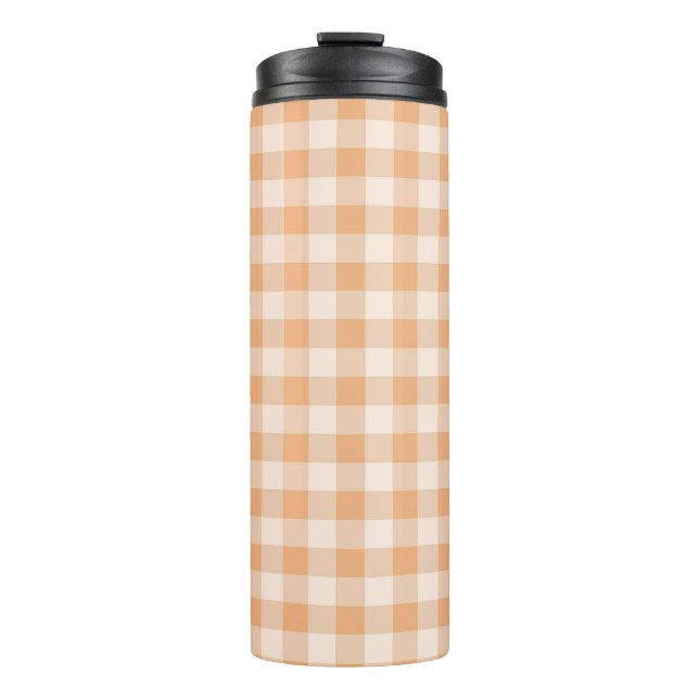 Peach White Chequered Gingham Pattern Thermal Tumbler (Front)