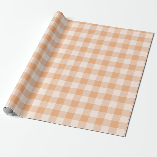 Peach White Chequered Gingham Pattern Wrapping Paper (Unrolled)