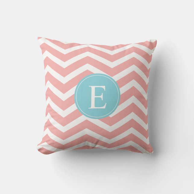 Peach White Chevron Blue Monogram Cushion (Front)