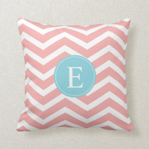 Peach White Chevron Blue Monogram Cushion