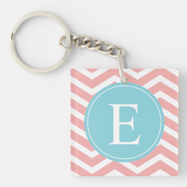 Peach White Chevron Blue Monogram Key Ring (Front)