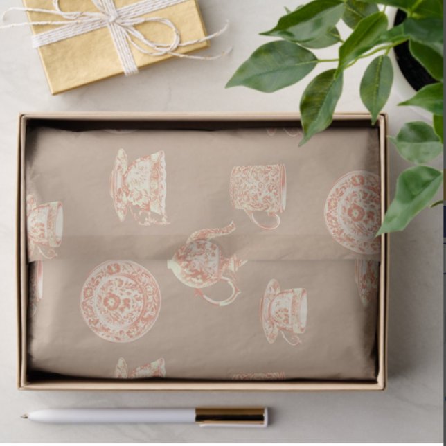  Peach White Chinoiserie Teapots Cups Plates  Tissue Paper (Tissue paper for gifting or crafting)