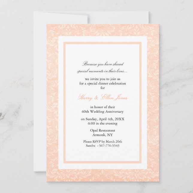 Peach & White Damask Wedding Anniversary Invite (Front)