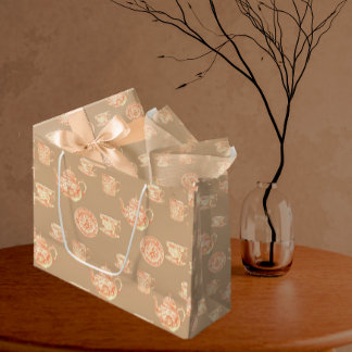 Peach White Ecru Chinoiserie Teapots Cups Large Gift Bag