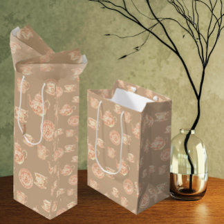 Peach White Ecru Chinoiserie Teapots Cups Medium Gift Bag