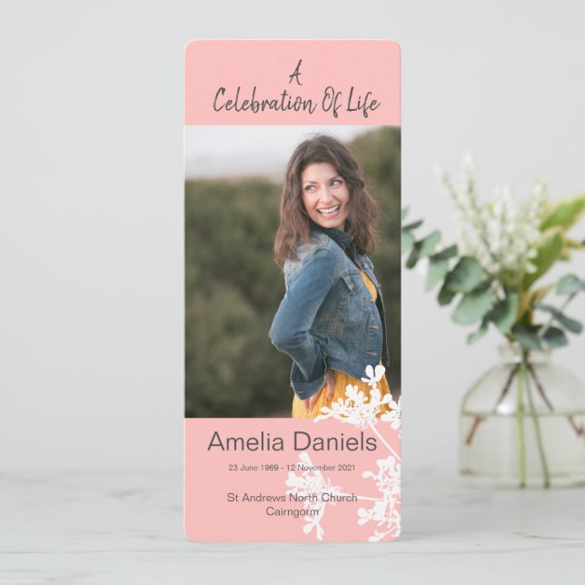Peach White floral Celebration Of Life Photo Card (Standing Front)