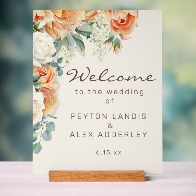 Peach White Floral Eucalyptus Wedding Welcome Acrylic Sign (Neutral)