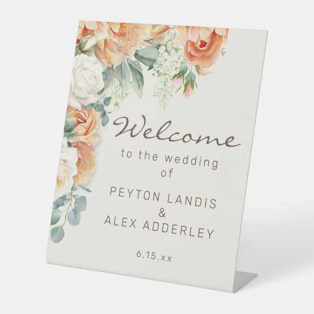 Peach White Floral Eucalyptus Wedding Welcome Pedestal Sign (Front)