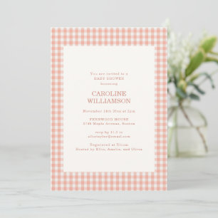 Peach White Gingham Check Plaid Fall Baby Shower Invitation